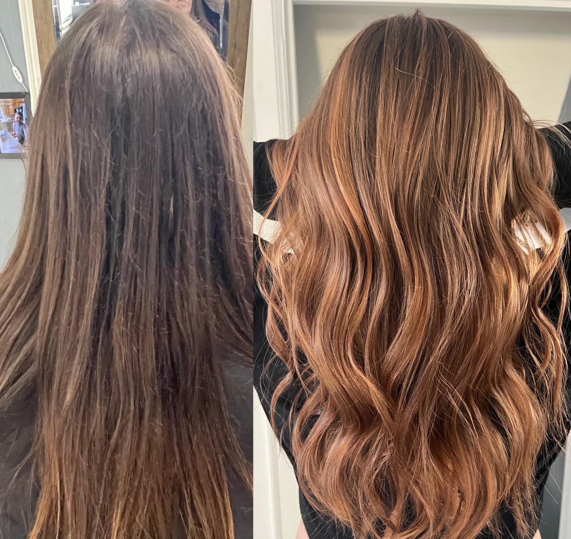 Before and after: rich auburn balayage with waves