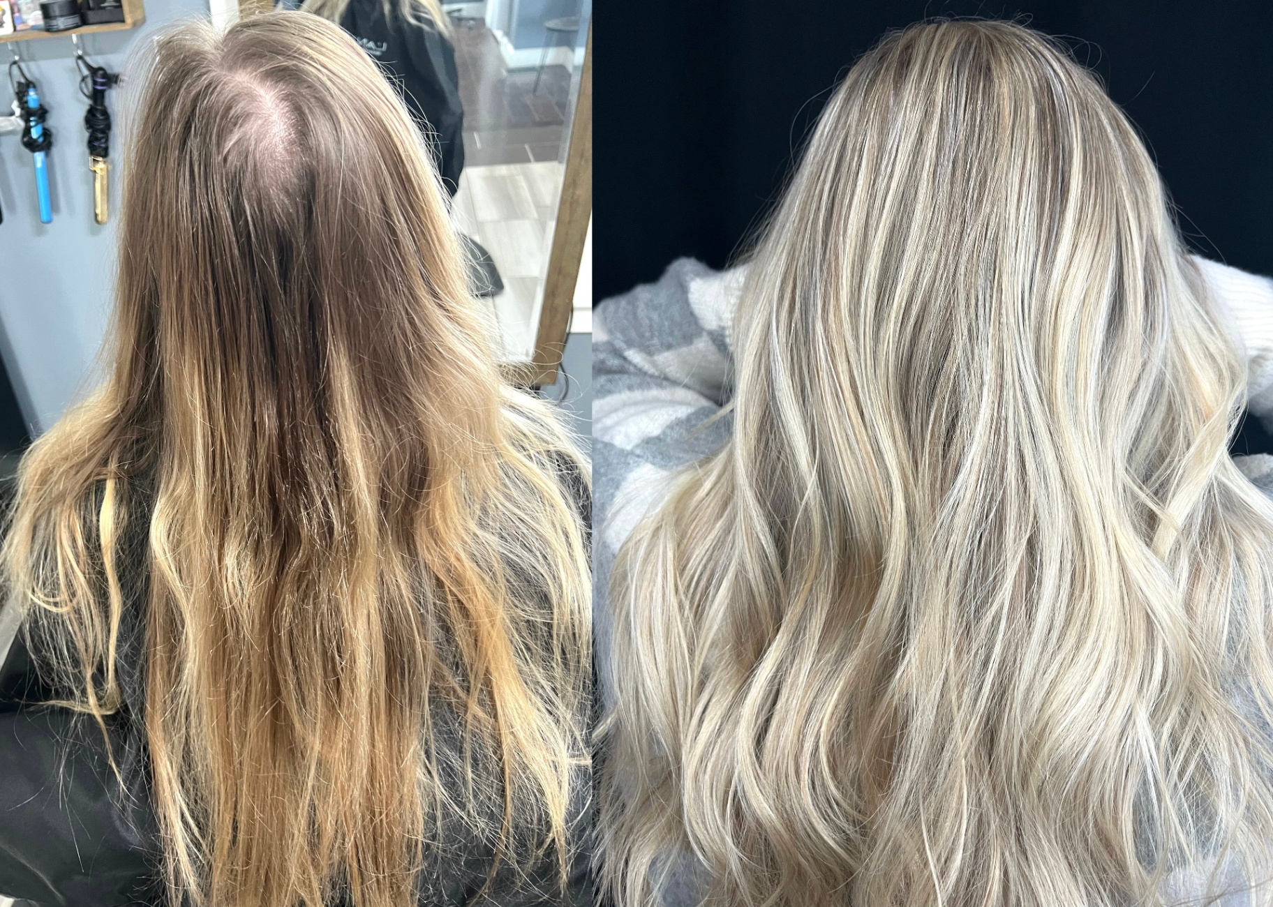 Before and after: icy platinum blonde highlights transformation