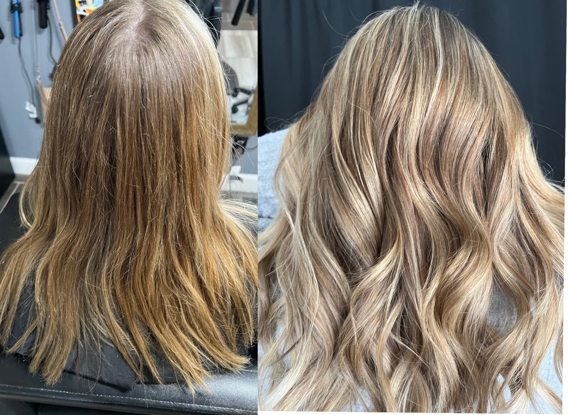 Before and after: dimensional blonde highlights and curls