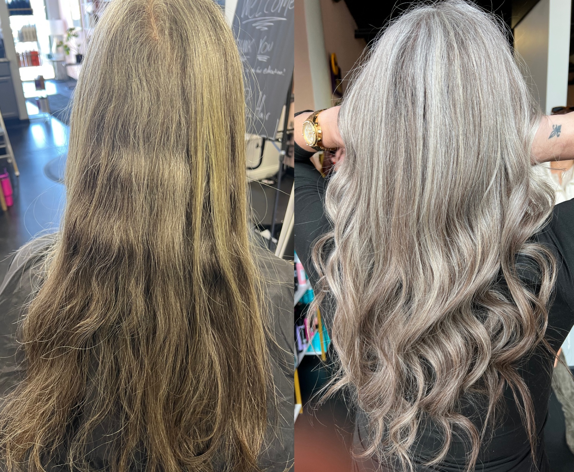 Before and after: silver grey blend with soft curls